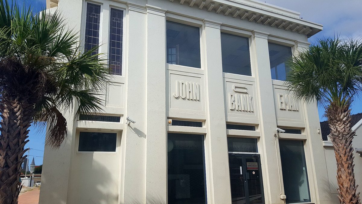 The historic Eman Bank building in Oranjestad; Aruba's banks run the ATMs that dispense florin island-wide