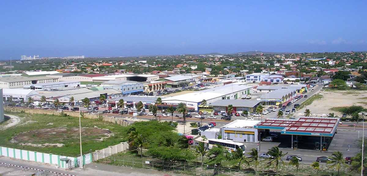 Aruba's bustling commercial district, where shops and supermarkets quote prices in both florin and US dollars