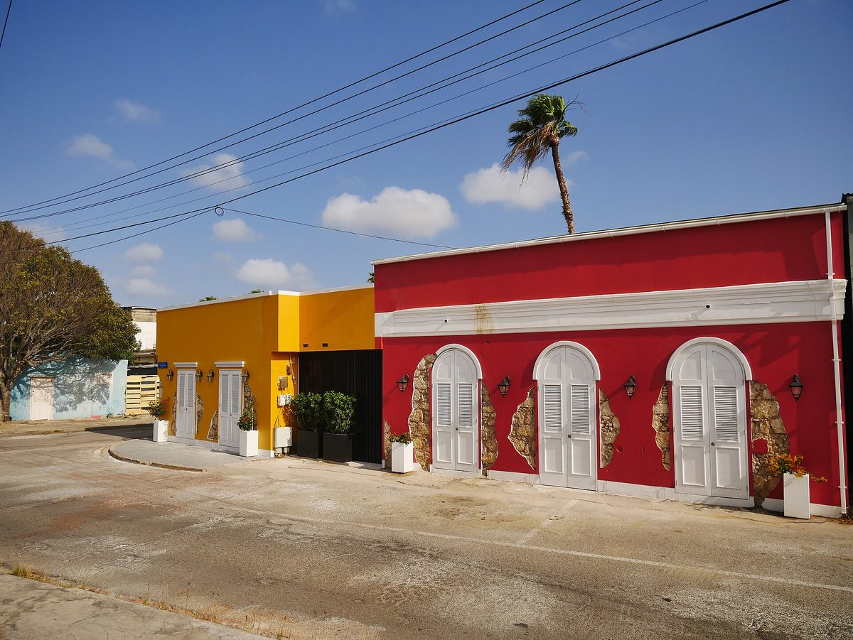 Colorful local houses on an Oranjestad street in Aruba