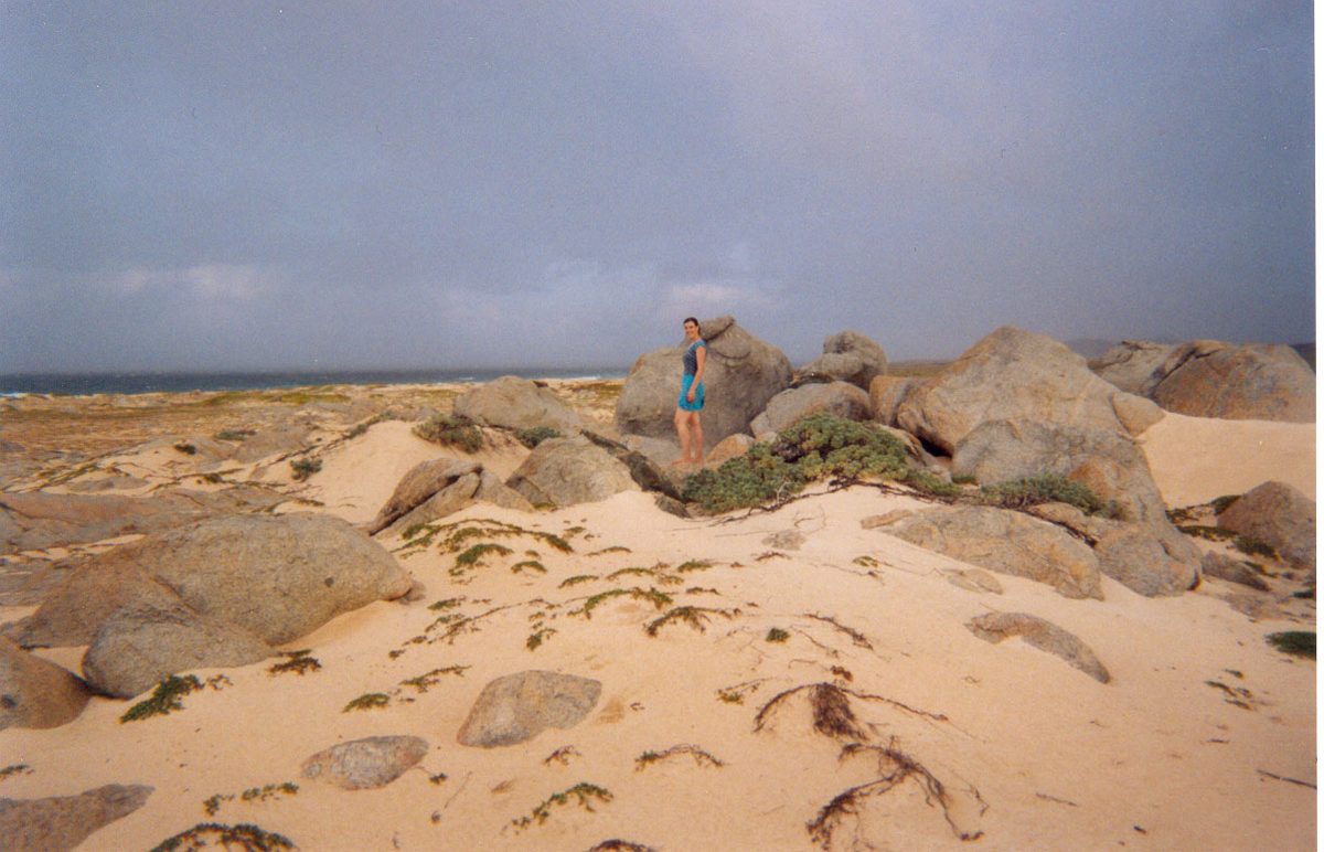 Pale sand dunes, boulders and scrub on the rugged north coast near the California Lighthouse in Aruba