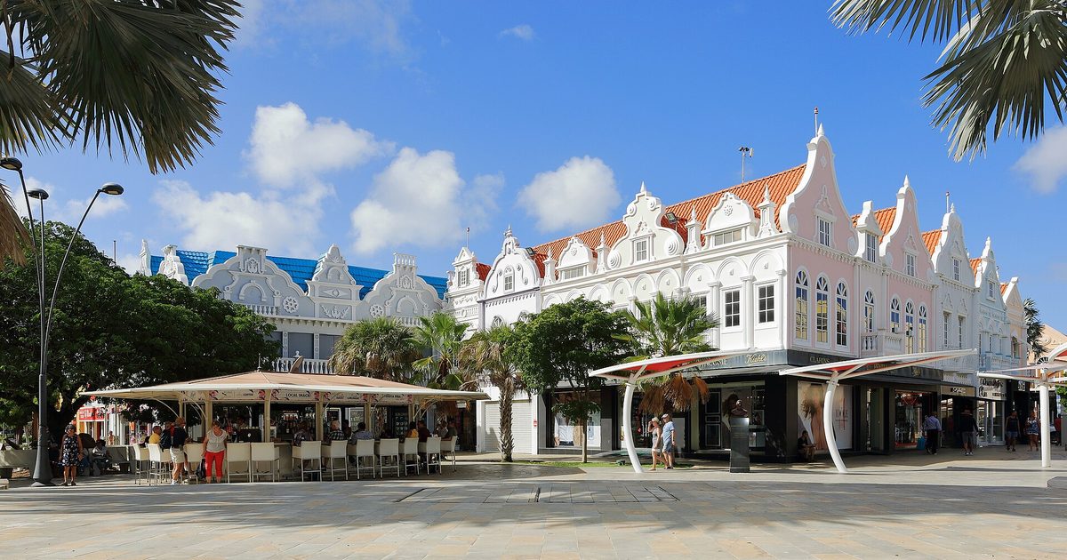 Colorful Dutch-colonial shops and cafes in Oranjestad, the heart of Aruba shopping