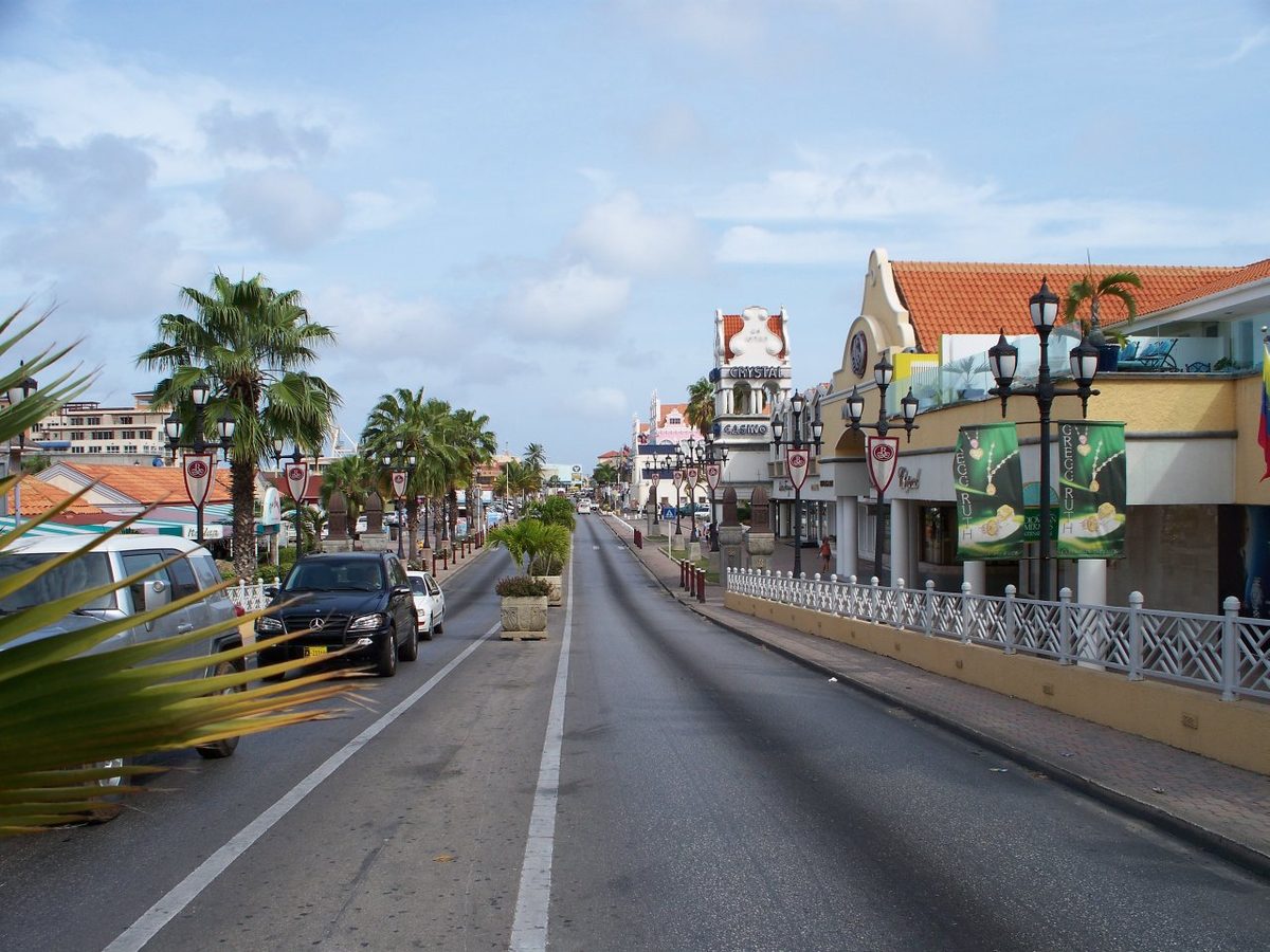 Colorful Dutch colonial buildings along Main Street in downtown Oranjestad, Aruba