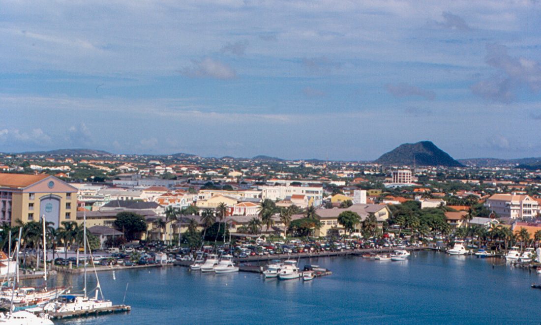 View of the Oranjestad cruise port and harbor in Aruba