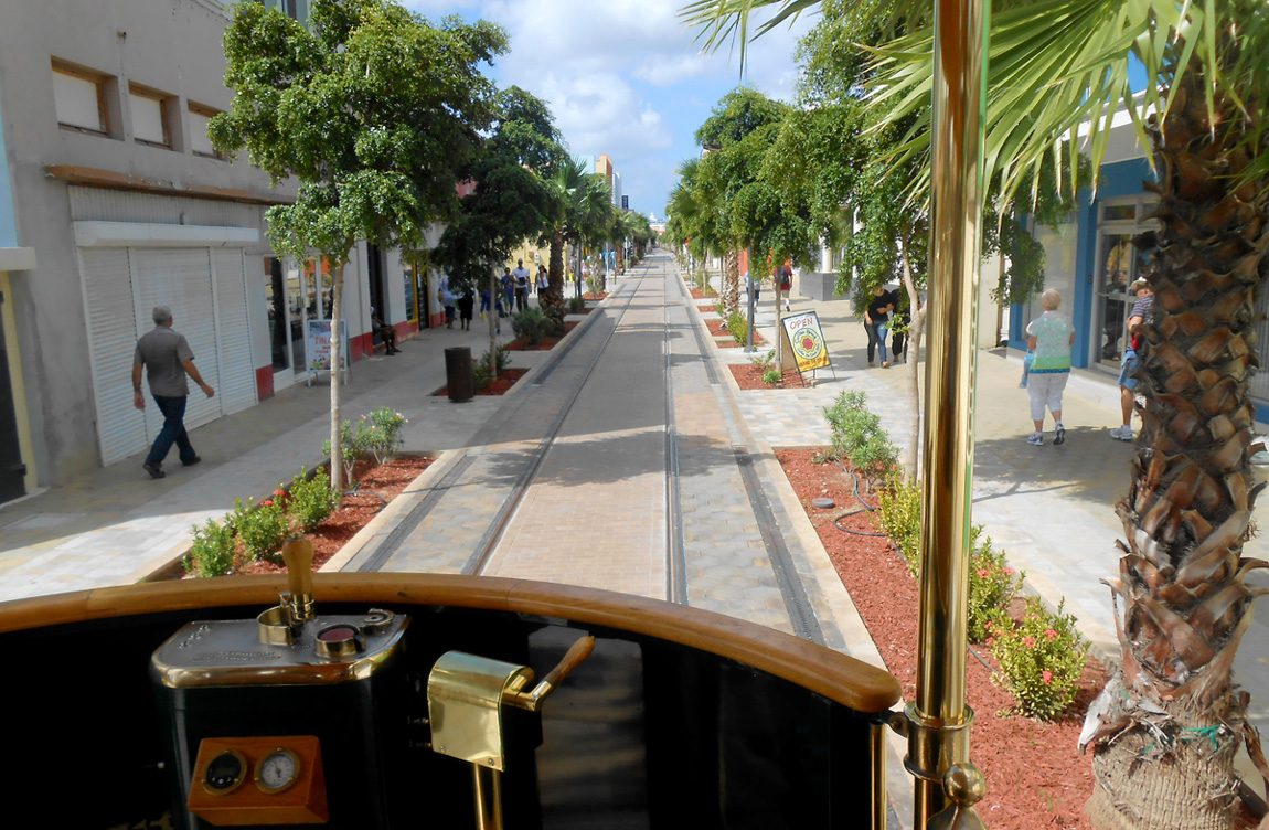 The free downtown streetcar trolley running down Main Street in Oranjestad, Aruba