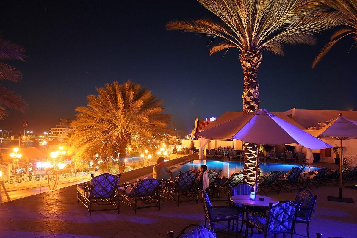 Dusk over the Renaissance resort area in Aruba