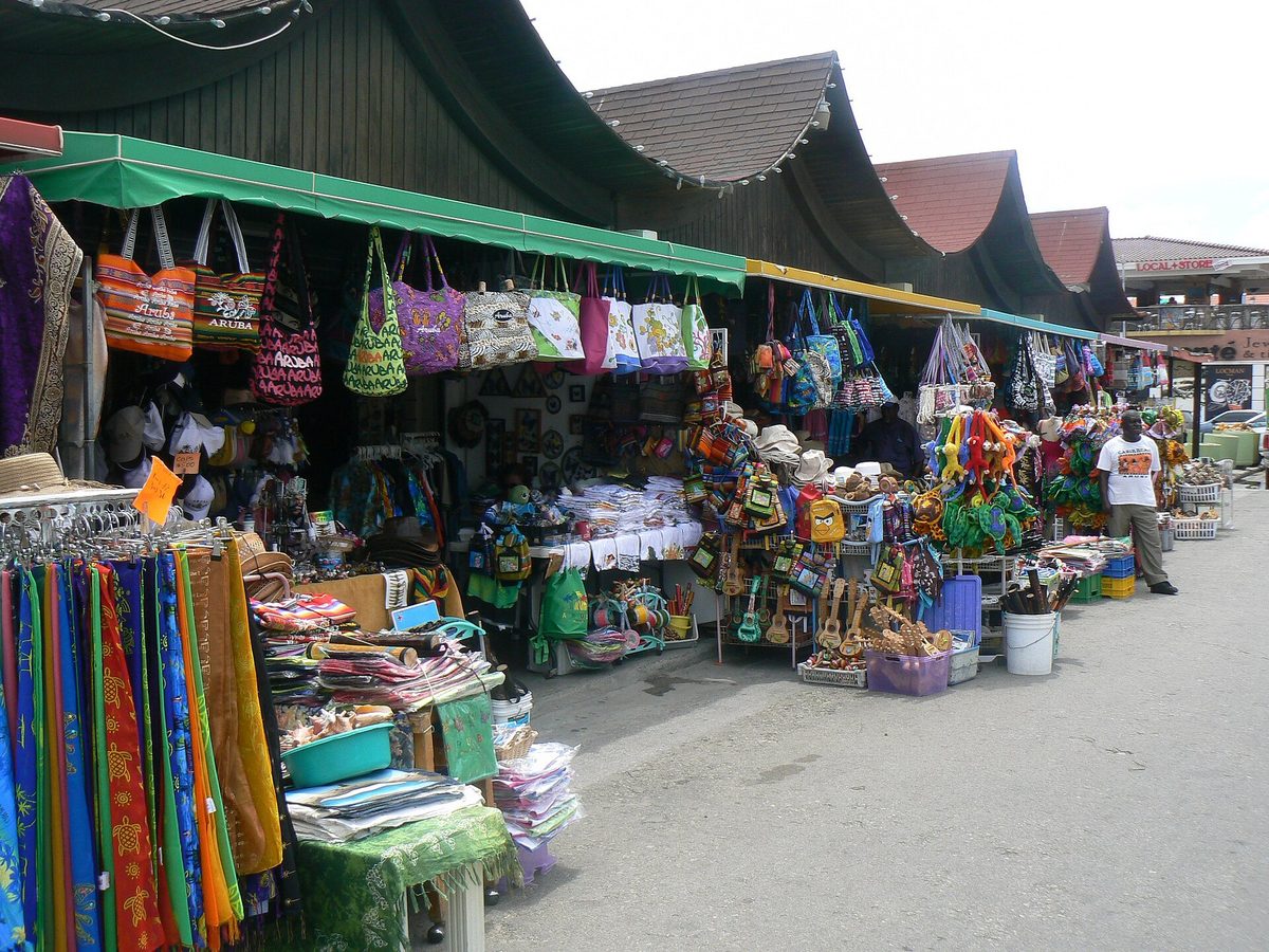 Souvenir stalls at the harbor market in Oranjestad, Aruba